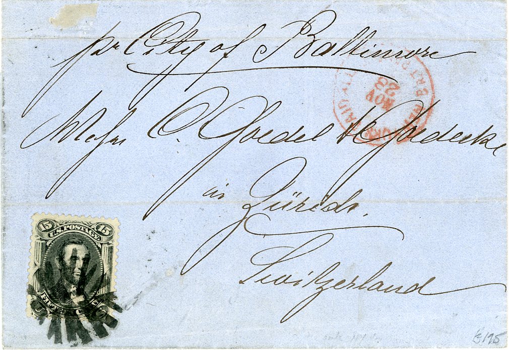 USA USA: 1868 (No 28) folded cover to Switzerland franked 1867-75 Lincoln 15c black tied by cork cancel, New York Paid All in red, fine Zurich arrival bs (12 XII), ms notation pr City of Baltimore, horizontal crease clear of adhesives