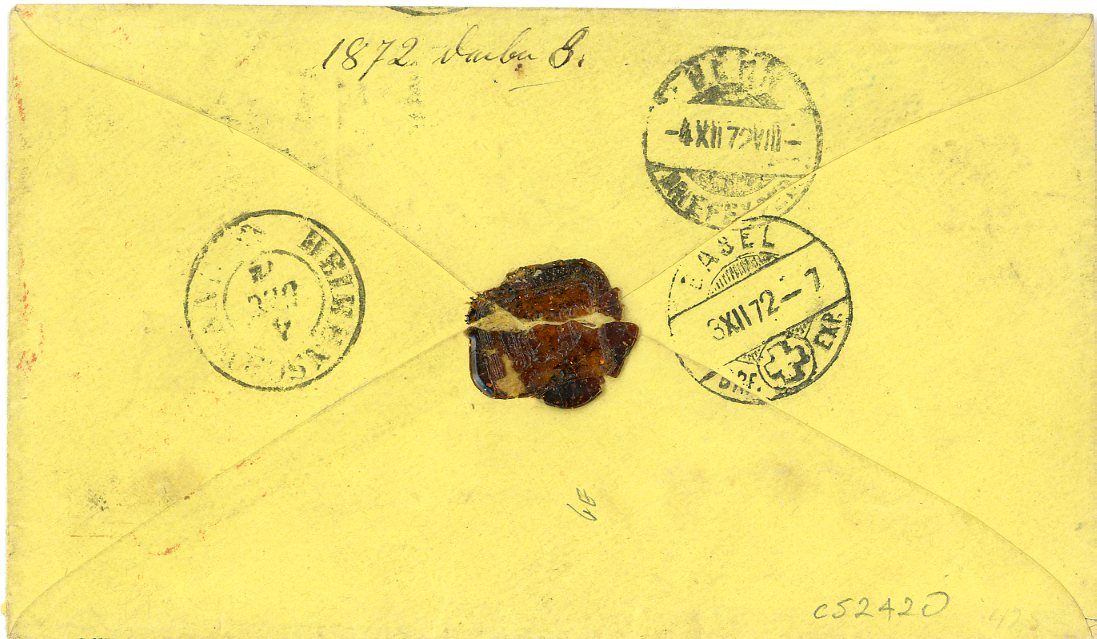 USA USA: 1872 (Nov 18) yellow envelope to Switzerland franked Lincoln 6c carmine with cork cancel with New York dispatches in red & black (Nov 20), hs INSUFFICIENTLY PAID & VIA OSTENDE, Swiss transits on reverse incl. Basel (3 XII), Bern arr. (14 12)