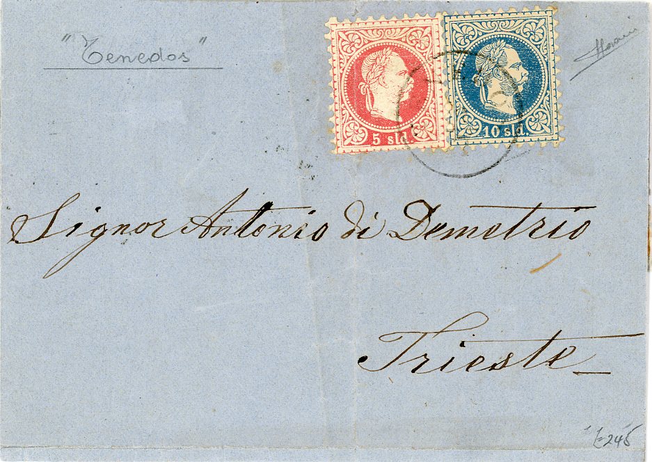 AUSTRIAN LEVANT AUSTRIAN LEVANT: TENEDOS 1870 (24 6) Folded cover with LEMNOS dateline to Trieste with arrival (14/7) bs, franked 5s (creased) + 10s tied by TENEDOS cds, rare, signed Sorani