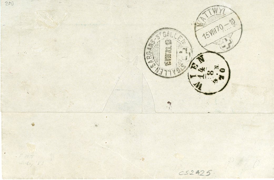 AUSTRIAN LEVANT AUSTRIAN LEVANT: VARNA (Bulgaria) 1879 (10 8) folded cover with Constantinople dateline and company cachet addressed to Switzerland franked 1867 10s pair cancelled Lettere Arrivate/Per Mare/Varna 11/8 with ms endorsement Via Varna. This mark was used on uncancelled ship mail from Austrian Lloyd steamers plying the Black Sea. On reverse Wien 14/8 transit, St Gallen-Sargans-St Gallen 18 8 TPO & Wattwyl arrival, both 15/8, v.fine