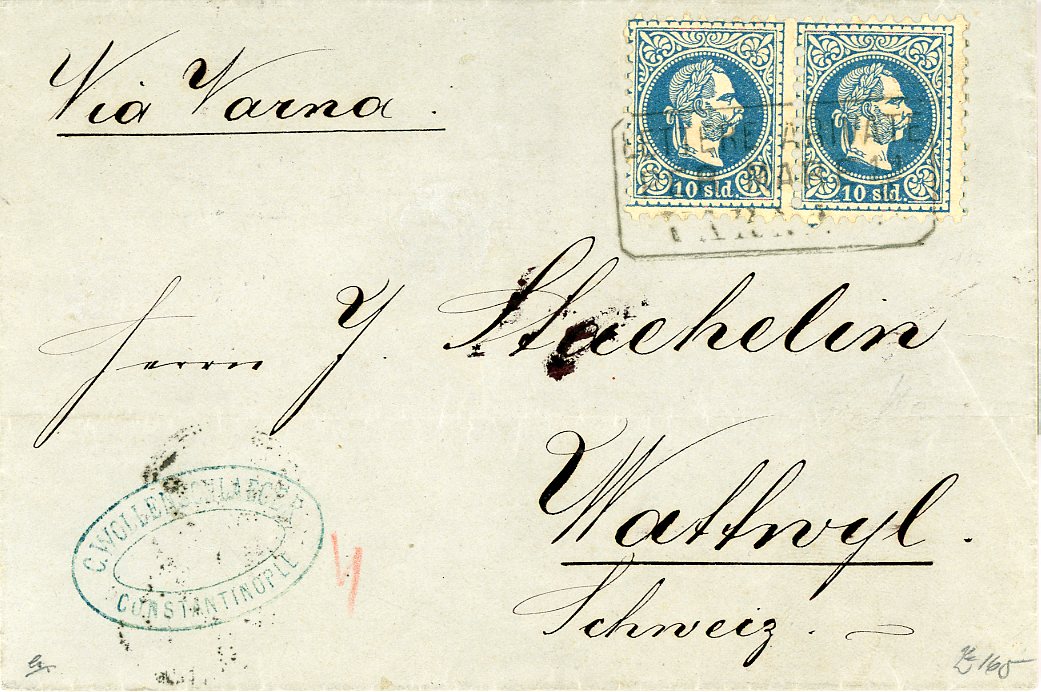 AUSTRIAN LEVANT AUSTRIAN LEVANT: VARNA (Bulgaria) 1879 (10 8) folded cover with Constantinople dateline and company cachet addressed to Switzerland franked 1867 10s pair cancelled Lettere Arrivate/Per Mare/Varna 11/8 with ms endorsement Via Varna. This mark was used on uncancelled ship mail from Austrian Lloyd steamers plying the Black Sea. On reverse Wien 14/8 transit, St Gallen-Sargans-St Gallen 18 8 TPO & Wattwyl arrival, both 15/8, v.fine