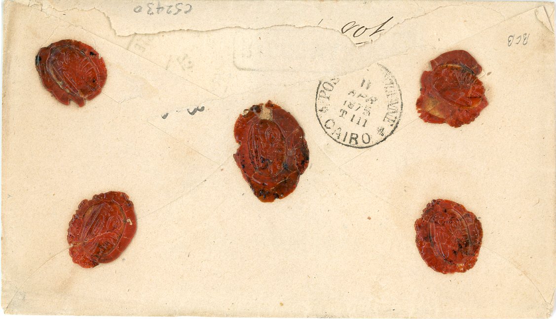 EGYPT EGYPT: 1875 (11 Apr) registered envelope to Cairo with same day arrival franked 1872/75 Penasson 1pi red + Bulaq 2pi yellow superbly tied framed RACCOMANDATE in black (contrary to regulations )with fine Poste Vice-Reali Egiziane DAMANHOUR dispatch, 5 intact seals on reverse, part of backflap missing, v.fine