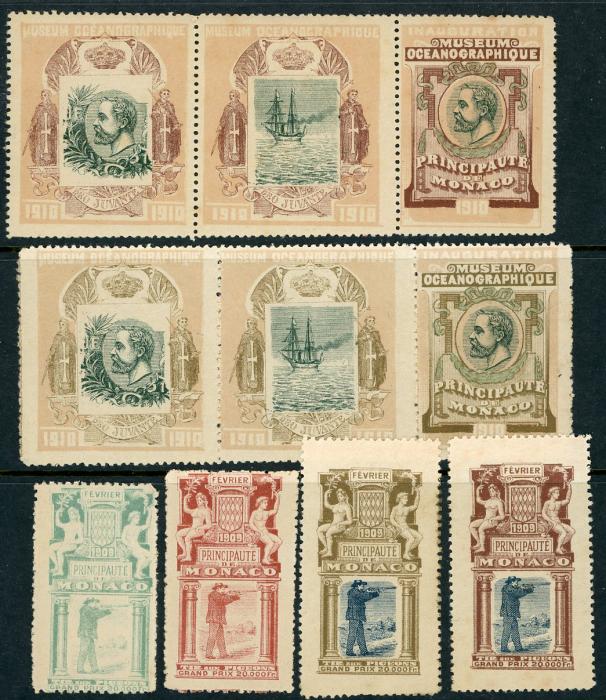 MONACO MONACO: 1909/10 Vignettes (10), 4 dated Fevrier 1909 Tir aux Pigeons (clay pigeon shooting) with image of a man shooting, 6 dated 1910 from MUSEUM OCEANOGRAPHIQUE, in se-tenant strips of 3, all mint, 1 strip with tone spots on gum side only, attractive and seldom seen