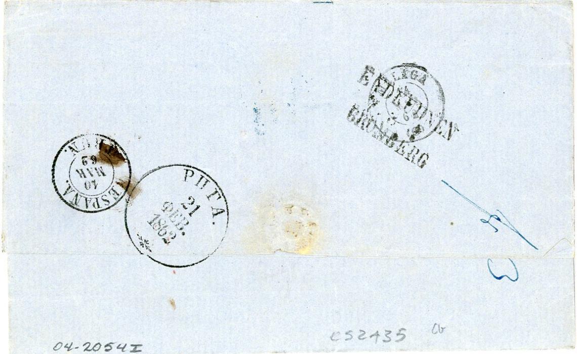 LATVIA LATVIA: 1862 (21 Feb) folded cover to Spain with Riga company cachet on front, boxed Aus/Russland/Franco & PRUUSE in red, 8Rs (reales) postage due hs in blue, on reverse Riga dispatch, Eydkuhnen Bromberg transit, Irun Espana (10 Mai) entry and Malaga 14/3 arrival, very fine