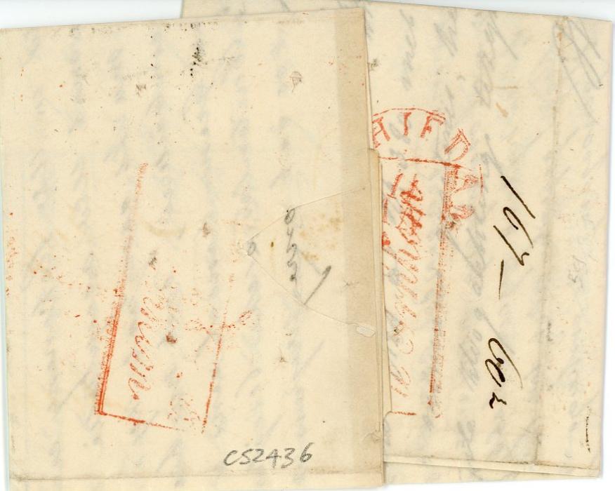 LATVIA LATVIA: 1831 (29 Dec) entire to Netherlands  with red Riga straight line dated dispatch in red, P.MEMEL/1 JANR transit & FRANCO in black, boxed Franco tout alongside, disinfected by spiking with red s/l GEZUIVERD hs, Schiedam arrival in red, fine.