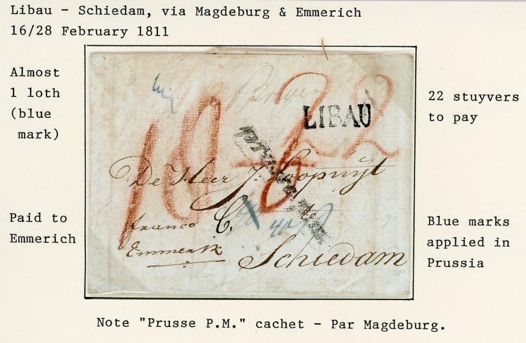 LATVIA LATVIA: 1811 (16 3) Entire to Netherlands hs s/l LIBAU with ms franco Emmerich, Prusse P.M. s/l route marking (par Madgeburg), rated 22 in red crayon to pay (stuyvers), back page defective