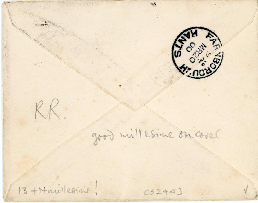 MONACO MONACO: 1900 (9 Mars) envelope to England franked 1891-94 5c blue + 10c brown INTERPANNEAU pair number 8, al tied Monte-Carlo cds, Farnborough 20 Mr arrival bs, fine, rare millesime franking