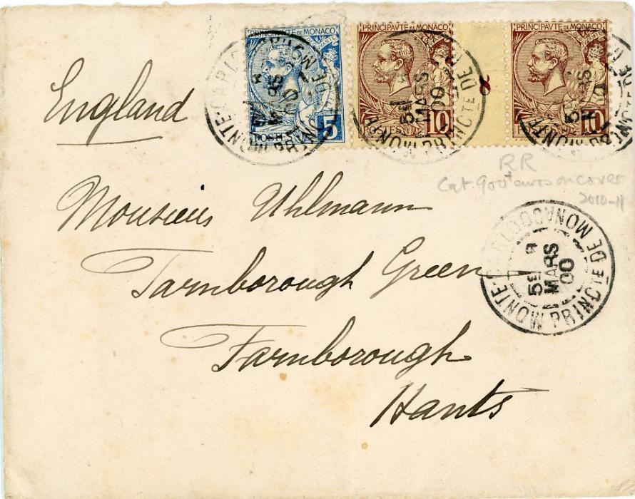 MONACO MONACO: 1900 (9 Mars) envelope to England franked 1891-94 5c blue + 10c brown INTERPANNEAU pair number 8, al tied Monte-Carlo cds, Farnborough 20 Mr arrival bs, fine, rare millesime franking