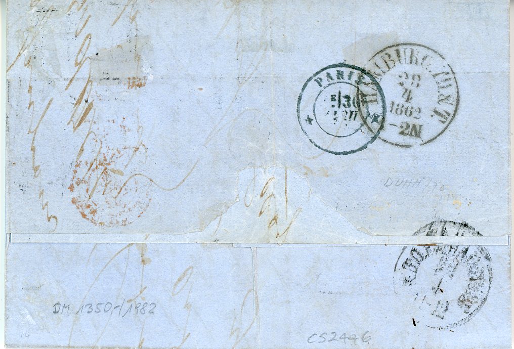 DENMARK DENMARK: 1862 (27 4) Entire to Paris franked 4sk reddish brown + 16sk greyish violet pair tied by numeral 1, overfranked 1sk, pair with good margins, 4sk cut into at base, KJOBRNHAVN dispatch, French entry (30 4) on front, Hamburg Th & T 28/4 transit, Paris arrival (30 4),sender overpaid 1sk for the 35sk rate valid before end of March 1862, 26/9 on front indicates 9sk for Danish share, 26sk for foreign share indicated by 4 1/2 in red (sgr equivalent to 26sk), fine, cert. Moller