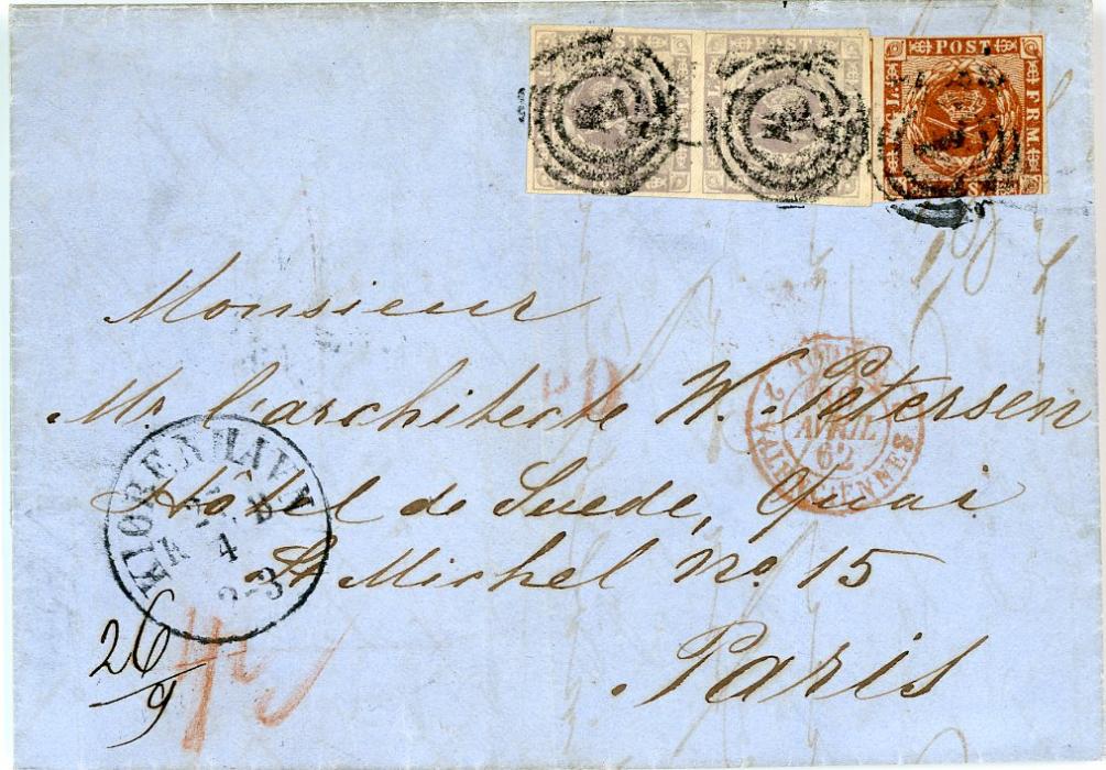 DENMARK DENMARK: 1862 (27 4) Entire to Paris franked 4sk reddish brown + 16sk greyish violet pair tied by numeral 1, overfranked 1sk, pair with good margins, 4sk cut into at base, KJOBRNHAVN dispatch, French entry (30 4) on front, Hamburg Th & T 28/4 transit, Paris arrival (30 4),sender overpaid 1sk for the 35sk rate valid before end of March 1862, 26/9 on front indicates 9sk for Danish share, 26sk for foreign share indicated by 4 1/2 in red (sgr equivalent to 26sk), fine, cert. Moller