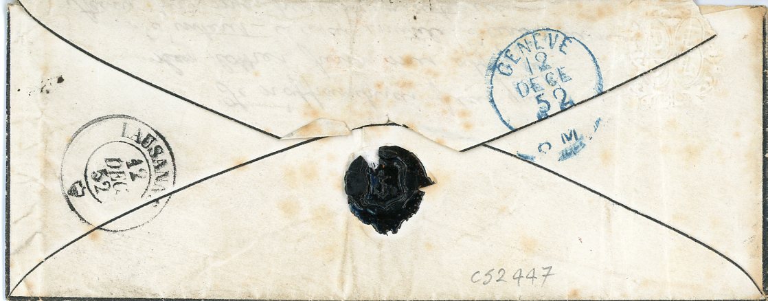 ITALIAN STATES: TUSCANY  ITALIAN STATES: TUSCANY 1852 (7 Dic) Mourning envelope to Switzerland franked 1851-52 9cr tied by Rombi cancel with huge margins on 3 sides incl. part of 2 other stamps, just touched top rightwith Firenze dispatch, hs T.S.1. & Via Di Sarzana alongside, Geneva transit (12 Dic) and blue Lausanne arrival (12 12), envelope with age spots not affecting adhesive, tiny piece of backflap missing, scarce foreign destination