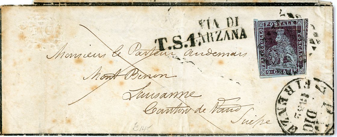 ITALIAN STATES: TUSCANY  ITALIAN STATES: TUSCANY 1852 (7 Dic) Mourning envelope to Switzerland franked 1851-52 9cr tied by Rombi cancel with huge margins on 3 sides incl. part of 2 other stamps, just touched top rightwith Firenze dispatch, hs T.S.1. & Via Di Sarzana alongside, Geneva transit (12 Dic) and blue Lausanne arrival (12 12), envelope with age spots not affecting adhesive, tiny piece of backflap missing, scarce foreign destination
