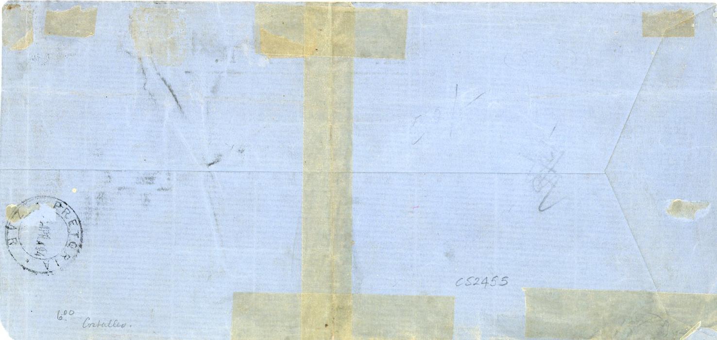 SWAZILAND SWAZILAND: 1894 (14 Apr) Long blue env. to Pretoria franked 1/2d grey (2 - both with misplaced ovpts) in black +1/2d grey with red ovpt. (2) + 1d pair +2d olive (2) all tied BREMERSDORP Swaziel. squared cds with arrival bs, some horiz. creasing affecting franking and vertical crease through perfs of 1d pair, ex Duiven correspondence