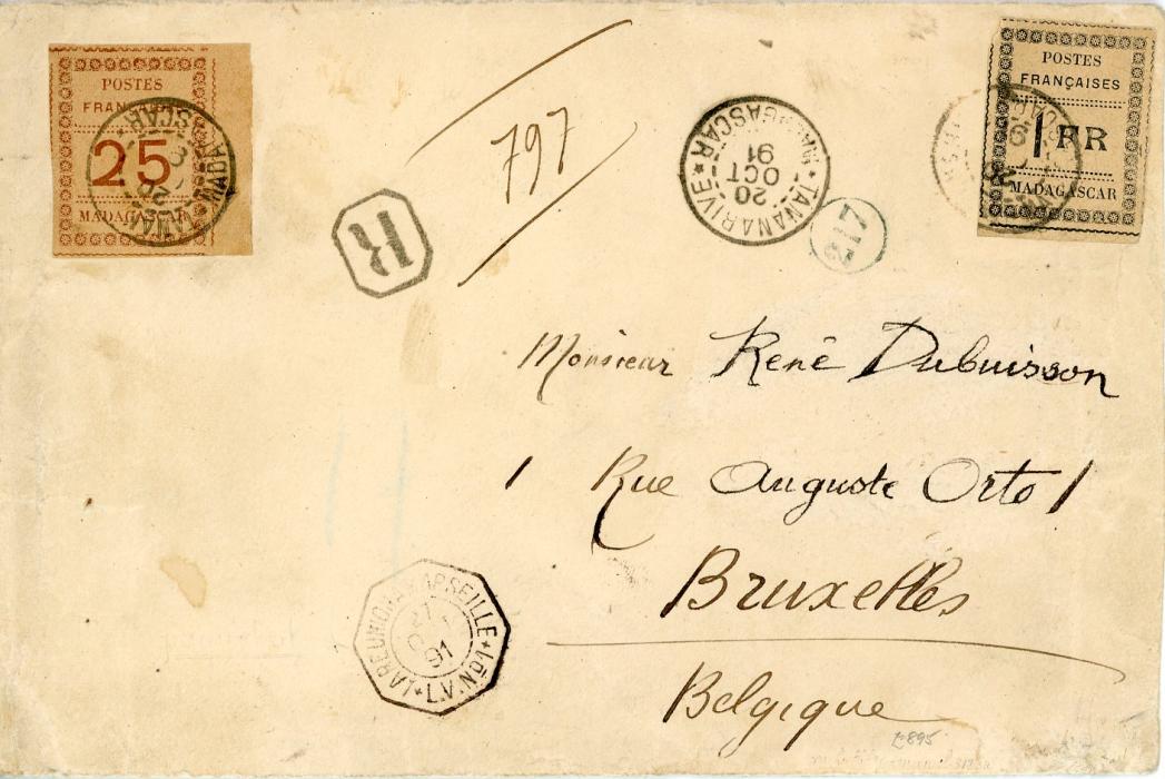 MADAGASCAR MADAGASCAR: 1891 (20 Oct) registered envelope to Belgium at quadruple rate franked 1891 25c brown on chamois + 1f black on yellow (small top left corner fault) tied by Tananarive cds with framed R alongside, La Reunion a Marseille LV No 1 octagonal maritime 27 Oct datestamp alongside, Bruxelles 21 Nov arrival bs, part of address inked in, rare franking. 1fr printing was only 2000
