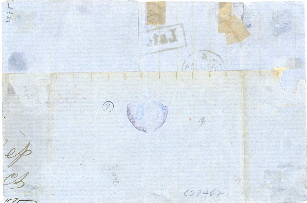 GREAT BRITAIN USED ABROAD: PERU GREAT BRITAIN USED ABROAD: PERU 1870 (Sp 22) part folded cover to USA missing top flap franked Peru 1868 1d yellow green touched at base with C38 cancel with CALLAO dispatch cds in association, additionally franked GB 1869 6d lilac plate 8 tied by boxed LATE FEE, with US Steamship (Oc 12) cds alongside, faults to cover, rare franking
