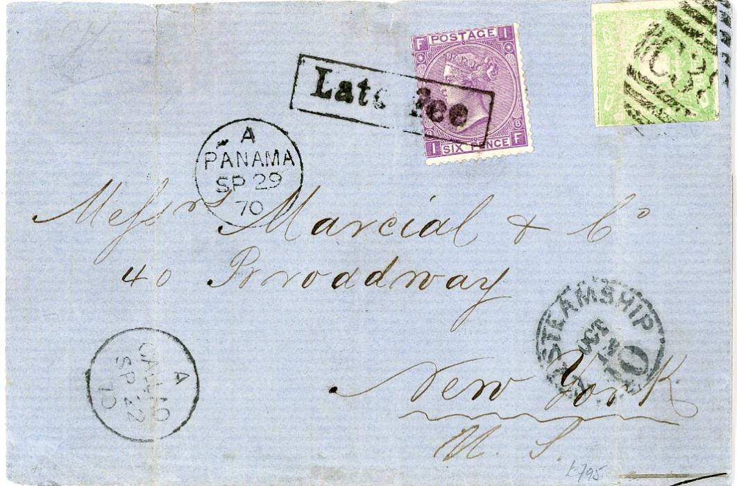 GREAT BRITAIN USED ABROAD: PERU GREAT BRITAIN USED ABROAD: PERU 1870 (Sp 22) part folded cover to USA missing top flap franked Peru 1868 1d yellow green touched at base with C38 cancel with CALLAO dispatch cds in association, additionally franked GB 1869 6d lilac plate 8 tied by boxed LATE FEE, with US Steamship (Oc 12) cds alongside, faults to cover, rare franking
