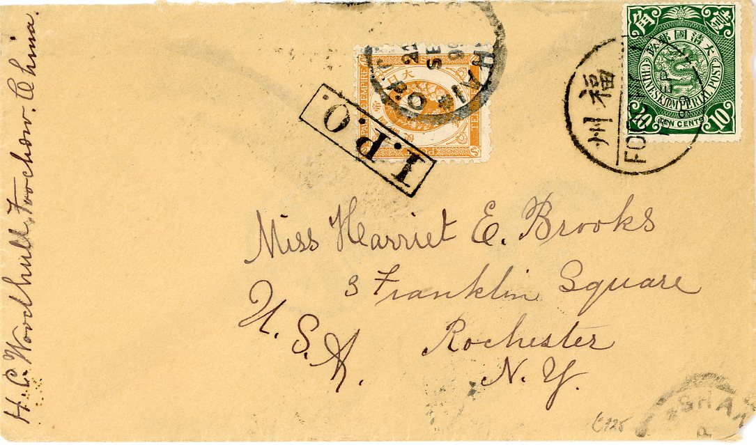 CHINA / JAPAN CHINA / JAPAN: 1899 (13 Sep) envelope to USA franked C.I.P. 10c green tied by bi-lingual Foochow cds sent via Shanghai where Japan 10s red-brown applied & tied by Shanghai I.J.P.O. (21 Sep) cds and large framed I.P.O. tieprint (very scarce on Japanese stamps), additional Shanghai dispatch, Yokohama transit (26 9) and Rochester Received 3 duplex (Oc 14)