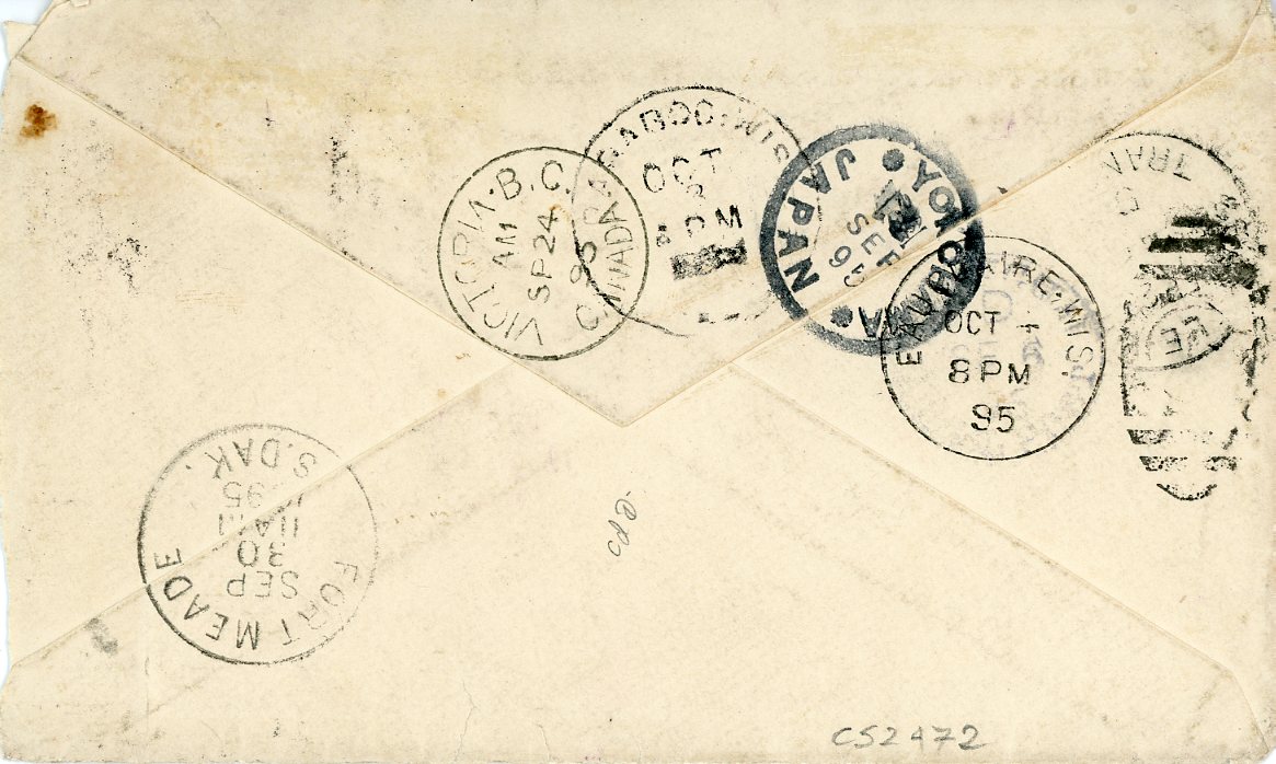 CHINA / TREATY PORT / KEWKIANG CHINA / TREATY PORT / KEWKIANG: 1895 (4 Sep) printed envelope The Central China Press, Kewkiang,China franked 1894 1/2c red on yellow pair tied by Kewkiang Local Post violet oval ds, sent via Japanese P.O. in Shanghai with 1883 5c ultramarine (defective) tied by Shanghai I.P.O. (7 Sept) cds, various bss incl. Yokohama transit, Victoria BC Canada (Sp 24), Fort Meadows (30 Sept), redirected to Baraboo (Oc 4), redirected to Eau Clair, roughly opened at right, some um staining around adhesives, with enclsed letter and interesting contents, rare usage