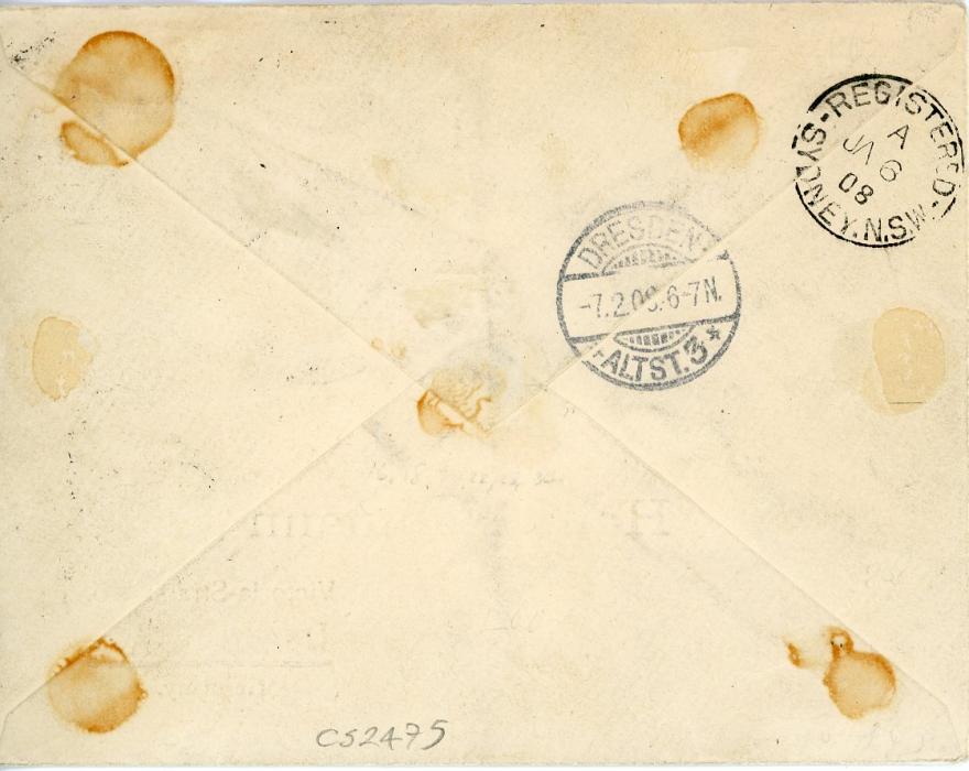 PAPUA PAPUA: 1907 (21 Dec) Printed registered envelope to Germany franked 1906 large ovpt. 6d + 2s6d & small ovpt. 1d + 2 1/2d + 1s & 1907-10 1/2d (pair + single) all tied Port Moresby cds, Reg. Sydney Ja 6 transit & Dresden arrival (7.2.08), philatelic, fine