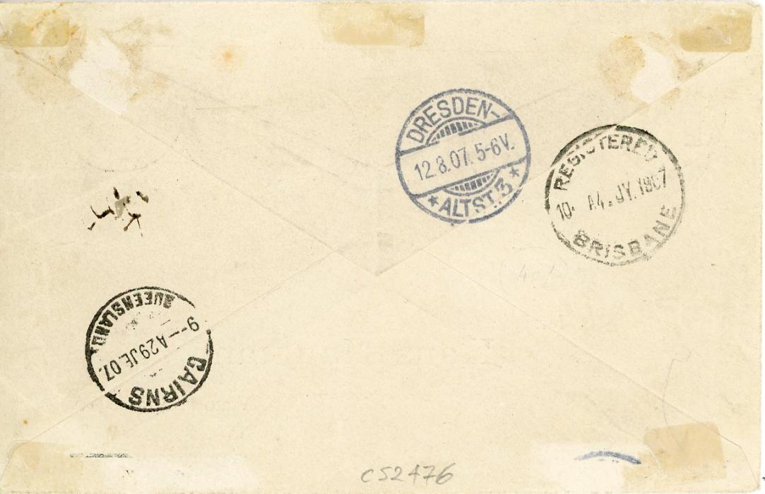 PAPUA PAPUA: 1907 (22 JUIL) printed envelope to Germany franked 1906 1/2d + 2d + 6d in combination with small ovpt.1d tied by Port Moresby cds with Cairn (26 June), Brisbane (4 JY), Dresden arrival (12 8), fine