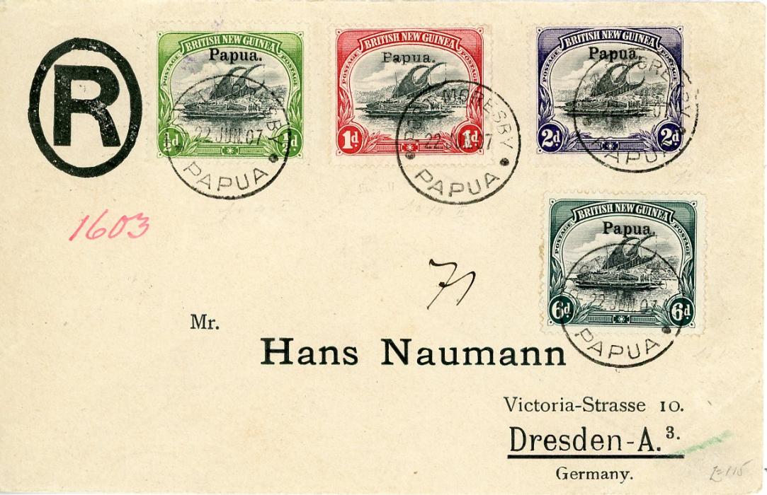 PAPUA PAPUA: 1907 (22 JUIL) printed envelope to Germany franked 1906 1/2d + 2d + 6d in combination with small ovpt.1d tied by Port Moresby cds with Cairn (26 June), Brisbane (4 JY), Dresden arrival (12 8), fine