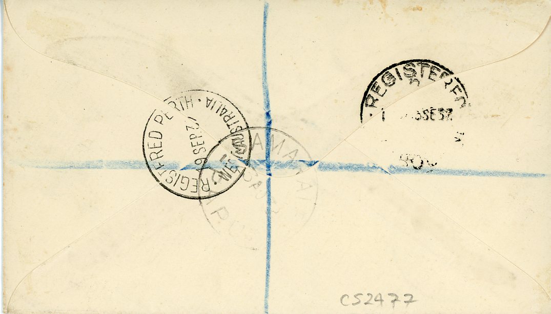 PAPUA PAPUA: 1932 (23 AU) registered envelope to England with official O.S. ovpt. on 1 1/2d and 5d tied by Samarai cds with reg. label in association, trace of peripheral toning on 1 1/2d, Melbourne & Perth transits, philatelic (Ironmonger correspondence)