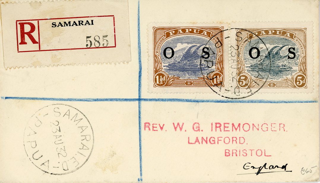 PAPUA PAPUA: 1932 (23 AU) registered envelope to England with official O.S. ovpt. on 1 1/2d and 5d tied by Samarai cds with reg. label in association, trace of peripheral toning on 1 1/2d, Melbourne & Perth transits, philatelic (Ironmonger correspondence)