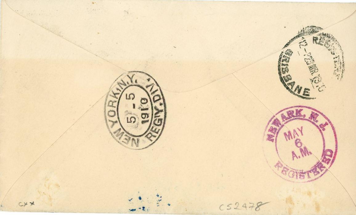 PAPUA PAPUA: 1910 (2 Mar) registered envelope to USA franked 1907-10 1s black & orange pair tied by Port Moresby cds, routed via Brisbane (23 Mar), New York (5 5), Newark arrival (May 6), fine
