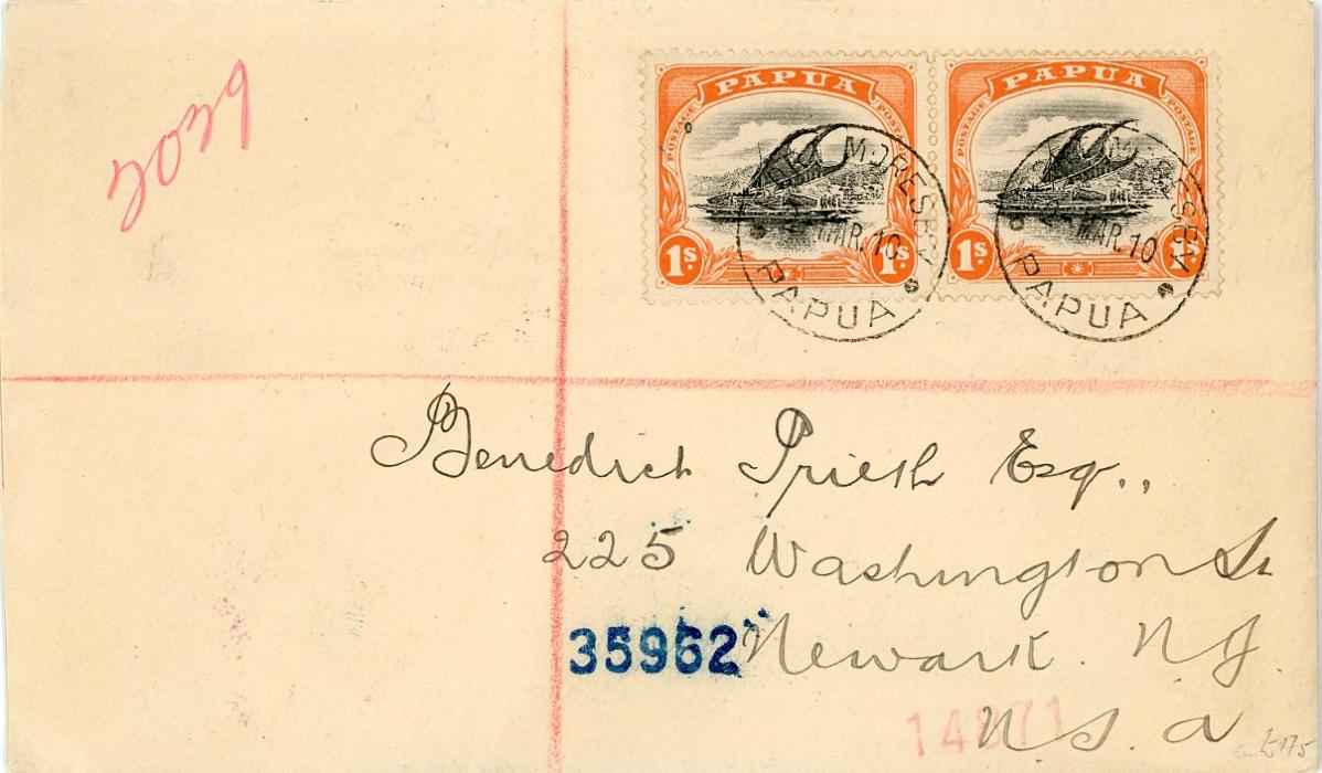 PAPUA PAPUA: 1910 (2 Mar) registered envelope to USA franked 1907-10 1s black & orange pair tied by Port Moresby cds, routed via Brisbane (23 Mar), New York (5 5), Newark arrival (May 6), fine