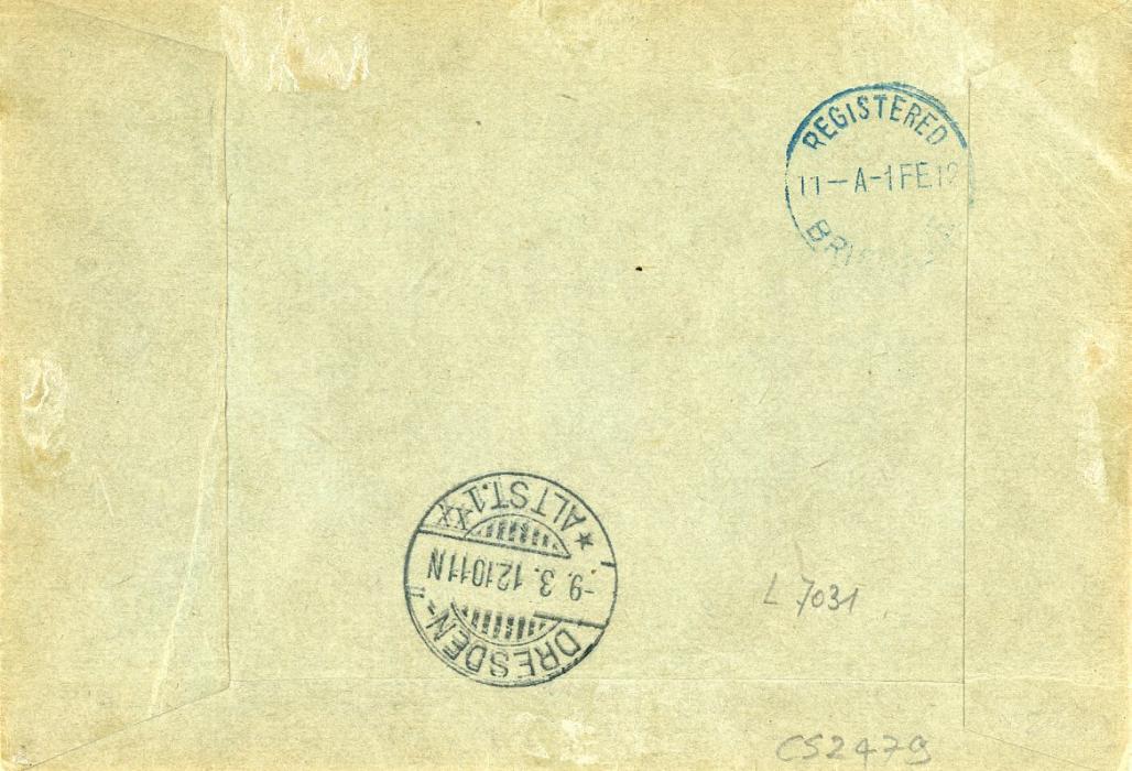 PAPUA PAPUA: 1912 (10 Juin) Registered printed envelope to Germany franked 1910-11 2s6d black & brown cancelled Port Moresby (few blunt perfs at right)), reg. label alongside, blue registered Brisbane (1 Fe)transit & Dresden 9.3 arrival bss