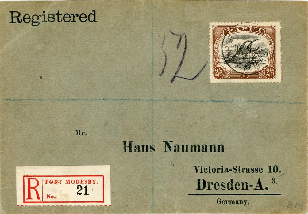 PAPUA PAPUA: 1912 (10 Juin) Registered printed envelope to Germany franked 1910-11 2s6d black & brown cancelled Port Moresby (few blunt perfs at right)), reg. label alongside, blue registered Brisbane (1 Fe)transit & Dresden 9.3 arrival bss