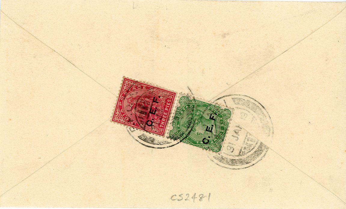 CHINA / INDIA CHINA / INDIA: China Expeditionary Force 1919 (31 Jan) envelope to India tied on franked on front KEVII 3p grey with C.E.F. ovpt., on reverse 3p + 2a6p with same ovpt. all tied by F.P.O. No 1 cds with faint R/BASE OFFICE boxed registration hs alongside, fine and scarce franking