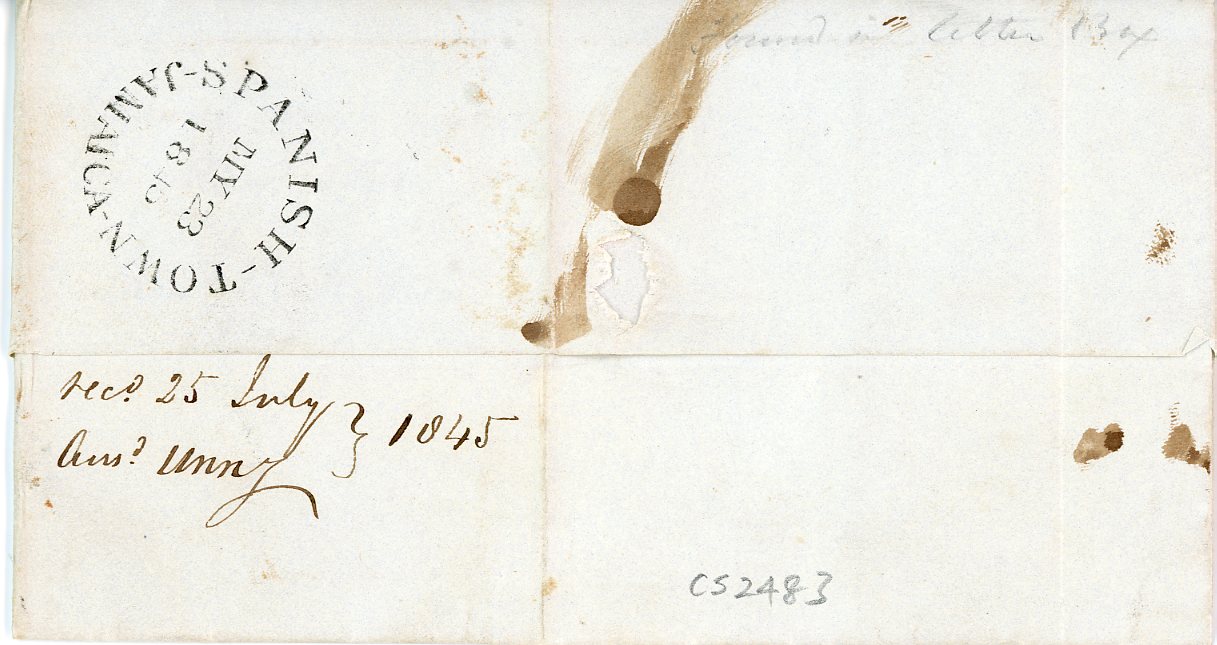 JAMAICA / MADEIRA JAMAICA / MADEIRA: 1845 (My 23) Entire to Madeira (via London) with fine SPANISH-TOWN dispatch front & back with London red tombstone transit D/PAID/4JY4/1845, ms Paid 1/4, taxed 160 (reis) hs, 2 vertical creases, fine.
