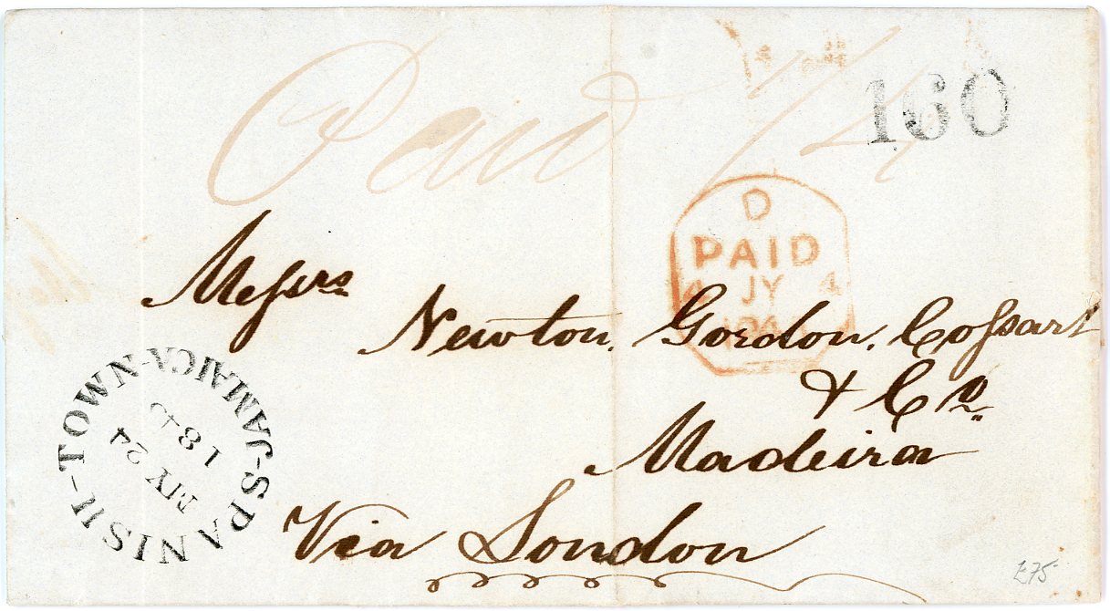 JAMAICA / MADEIRA JAMAICA / MADEIRA: 1845 (My 23) Entire to Madeira (via London) with fine SPANISH-TOWN dispatch front & back with London red tombstone transit D/PAID/4JY4/1845, ms Paid 1/4, taxed 160 (reis) hs, 2 vertical creases, fine.
