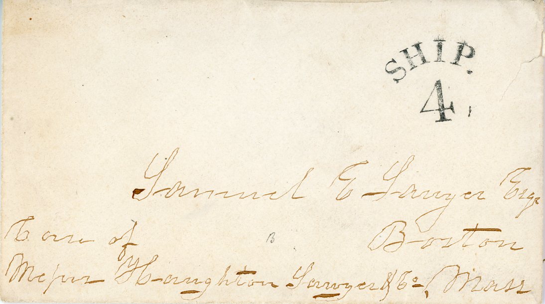 BAHAMAS BAHAMAS: 1864 (2 Jan) Envelope to Boston, Mass. with fine curved SHIP/4 applied, endorsed with a forwarding agent , tear top right otherwise fine