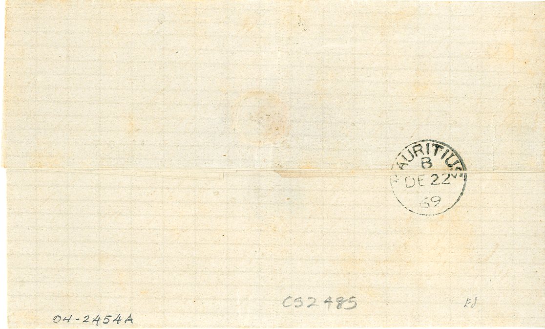 MAURITIUS MAURITIUS: 1869 (15 Xbre) entire from St Denis Reunion to Mauritius (Pipon Adam archive), taxed 3d on arrival, arrival bs De 22, endorsed p.Marie Elisabeth, fine