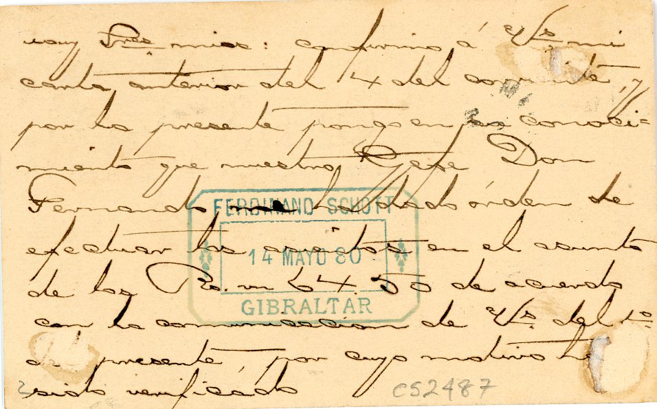 GIBRALTAR GIBRALTAR: 1889 (14 My) GB QV 1/2d lilac postal card with larger type Gibraltar A26 duplex, addressed to Malaga, very fine
