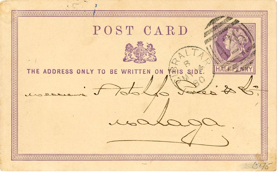 GIBRALTAR GIBRALTAR: 1889 (14 My) GB QV 1/2d lilac postal card with larger type Gibraltar A26 duplex, addressed to Malaga, very fine
