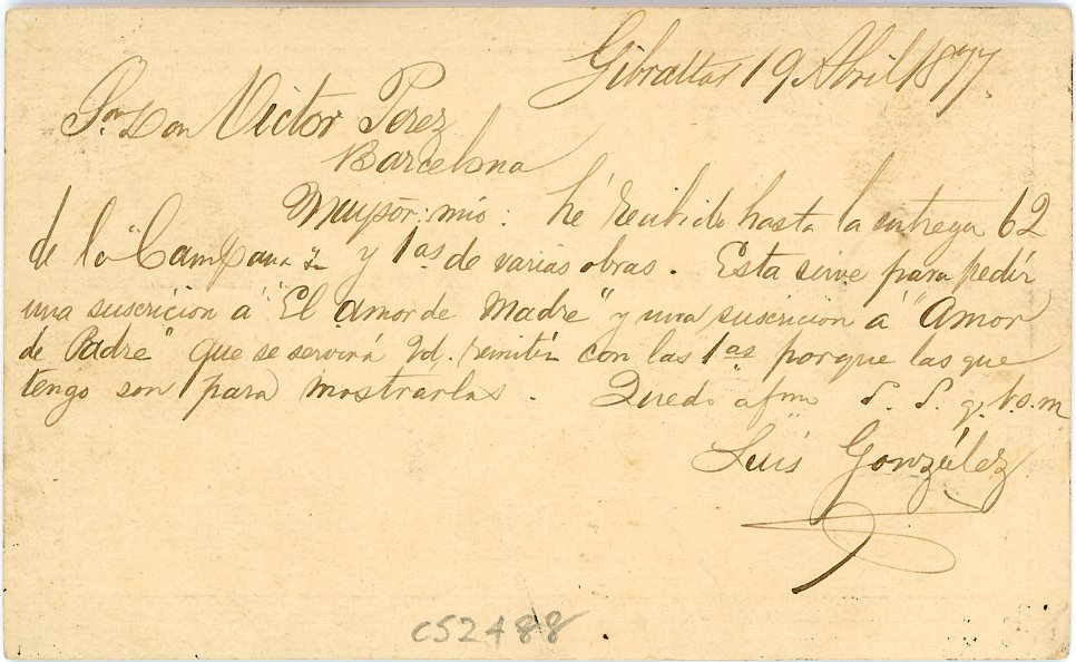GIBRALTAR GIBRALTAR: 1877 (AP 19) GB QV 1/2d lilac postal card cancelled small type A26 duplex with Gibraltar Ap 19 dispatch alongside, addressed to Barcelona, very fine
