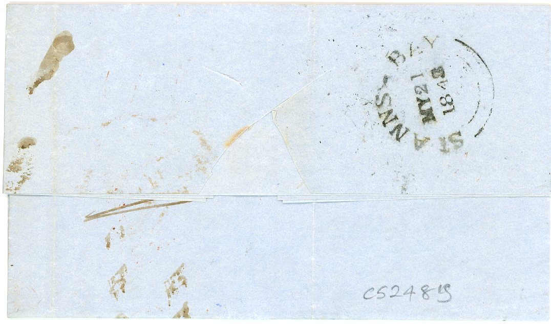 JAMAICA / MADEIRA JAMAICA / MADEIRA: 1848 (May 20) entire from ST ANNS BAY, dispatch (21 50 with clearer cancel on reverse, Kingston Jamaica in black (My 22) and Kingston Jamaica Paid in red, ms paid 3/- in red crayon, addressed to Madeira where taxed 160 (reis), 2 vertical creases, otherwise fine