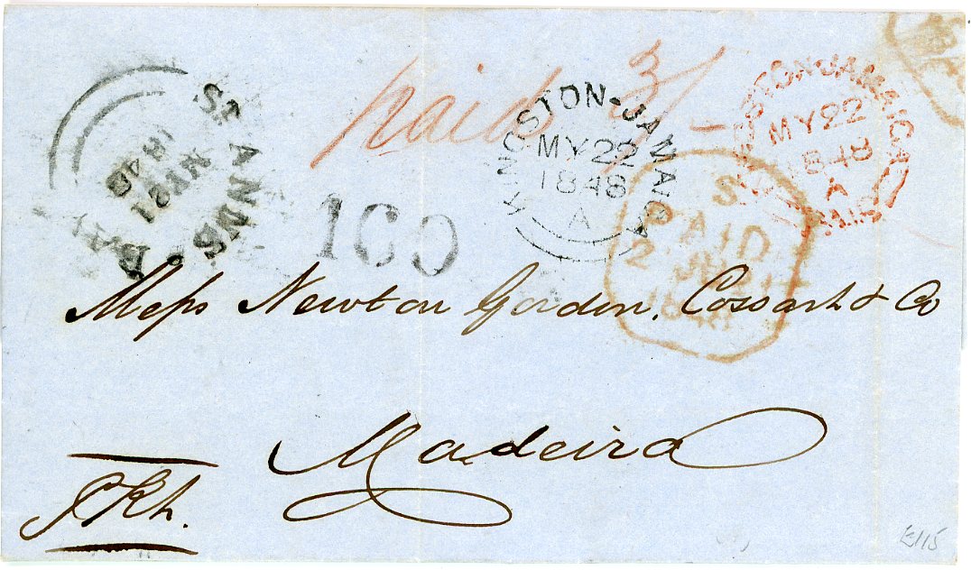 JAMAICA / MADEIRA JAMAICA / MADEIRA: 1848 (May 20) entire from ST ANNS BAY, dispatch (21 50 with clearer cancel on reverse, Kingston Jamaica in black (My 22) and Kingston Jamaica Paid in red, ms paid 3/- in red crayon, addressed to Madeira where taxed 160 (reis), 2 vertical creases, otherwise fine