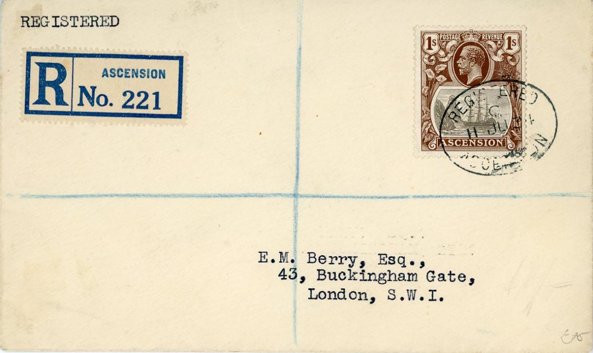 ASCENSION ASCENSION: 1934 (11 JU) Registered envelope to London franked Badge of St Helena 1s grey-black & brown tied by oval registered Ascension ds with reg. label alongside (SG18)