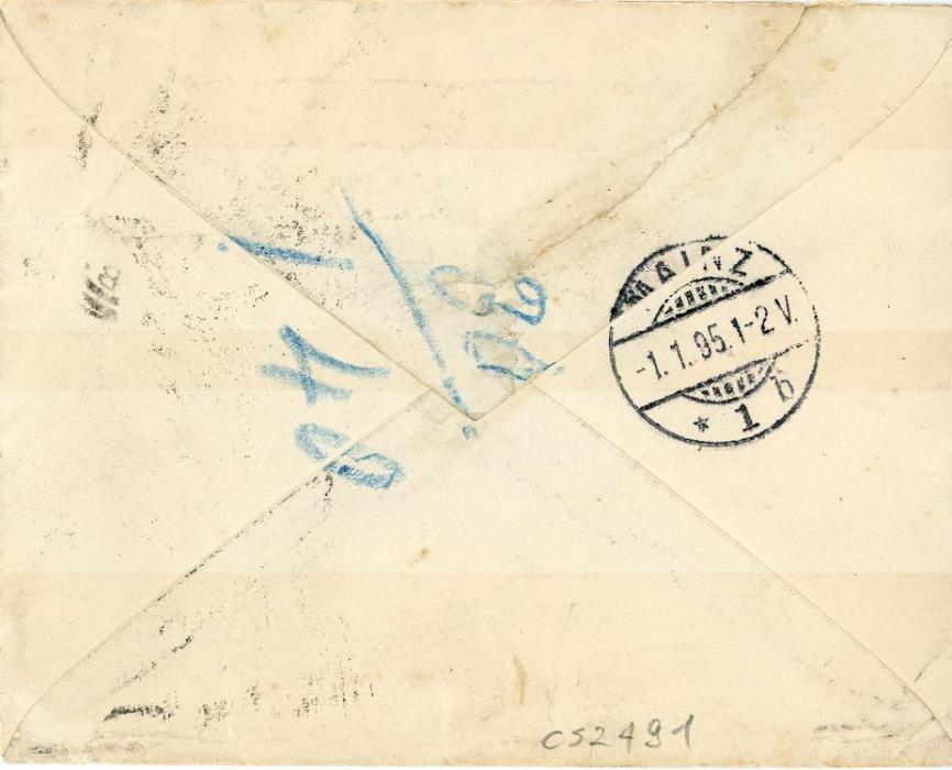 BRITISH BECHUANALAND BRITISH BECHUANALAND: 1894 Envelope to Germany franked GB QV Jubilee 2d pair ovpt. BRITISH/BECHUANALAND tied by Mafeking squared circle dss, taxed 80 in blue crayon with hexagonal boxed 55 CENTIMES/T., Mainz arrival bs (1.1.95)