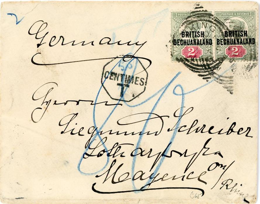 BRITISH BECHUANALAND BRITISH BECHUANALAND: 1894 Envelope to Germany franked GB QV Jubilee 2d pair ovpt. BRITISH/BECHUANALAND tied by Mafeking squared circle dss, taxed 80 in blue crayon with hexagonal boxed 55 CENTIMES/T., Mainz arrival bs (1.1.95)