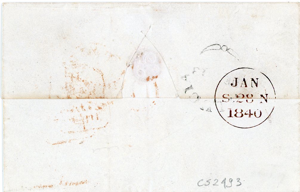 ST LUCIA ST LUCIA: 1839 (12 Dec) Folded cover to Scotland with St Lucia fleuron on reverse, endorsed Post Paid  Single Sheet, rated 2/2, red tombstone London arrival 27 JA 27 1840, Scotland entry (Jan 28), overpaid 1s2d as new rate came into force in January for mail from the West Indies, being prepaid not refundable, rare as such, fine
