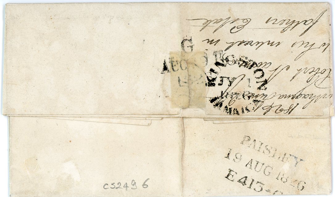 BRITISH POST OFFICE COLOMBIA BRITISH POST OFFICE COLOMBIA:1826 (Jun 27) entire to Scotland with CARTHAGENA fleuron in red (faded), possibly the earliest known date, routed through Kingston Jamaica (July 1st), Paisley 3 line arrival bs, (19 Aug0, rated 3/3