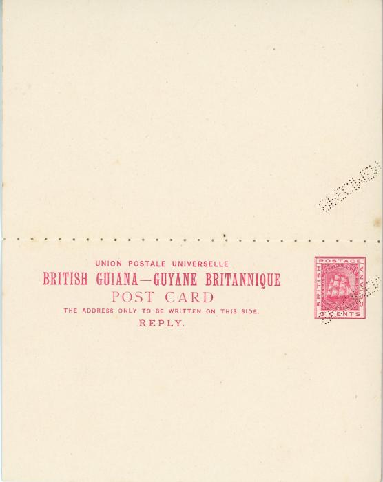 BRITISH GUIANA BRITISH GUIANA: 1883 (Sept 1) 3c carmine reply post card both perforated SPECIMEN, fine mint