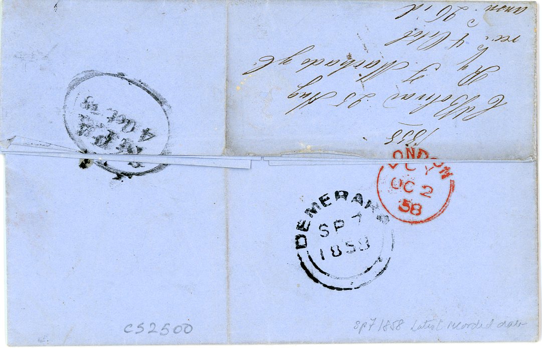 BRITISH GUIANA / VENEZUELA BRITISH GUIANA / VENEZUELA: 1858 (Sp 7) Entire from CUIDAD BOLIVAR (VENEZUELA) 25 Au dateline routed via Demerara with latest recorded date of the Demerara double arc, with red London transit (Oc 2), St P.A. (Oc 4) German entry, central vertical crease, unusual origin