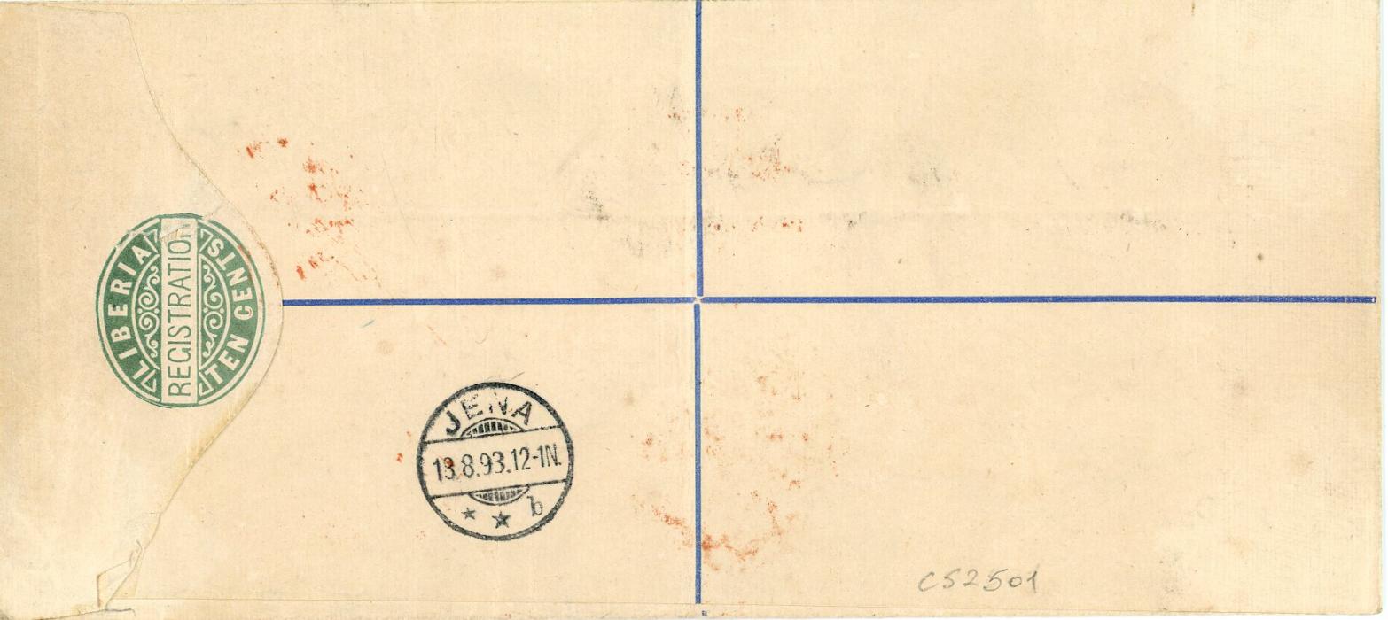 LIBERIA LIBERIA: 1893 (24 Jul) 10c long registration stationery envelope to Germany uprated 1c (2) + 8c tied by Monrovia cds with red hooded London registered cds (17 Aug) alongside, Jena arrival (18 8), central vertical folds and backflap torn, scarce