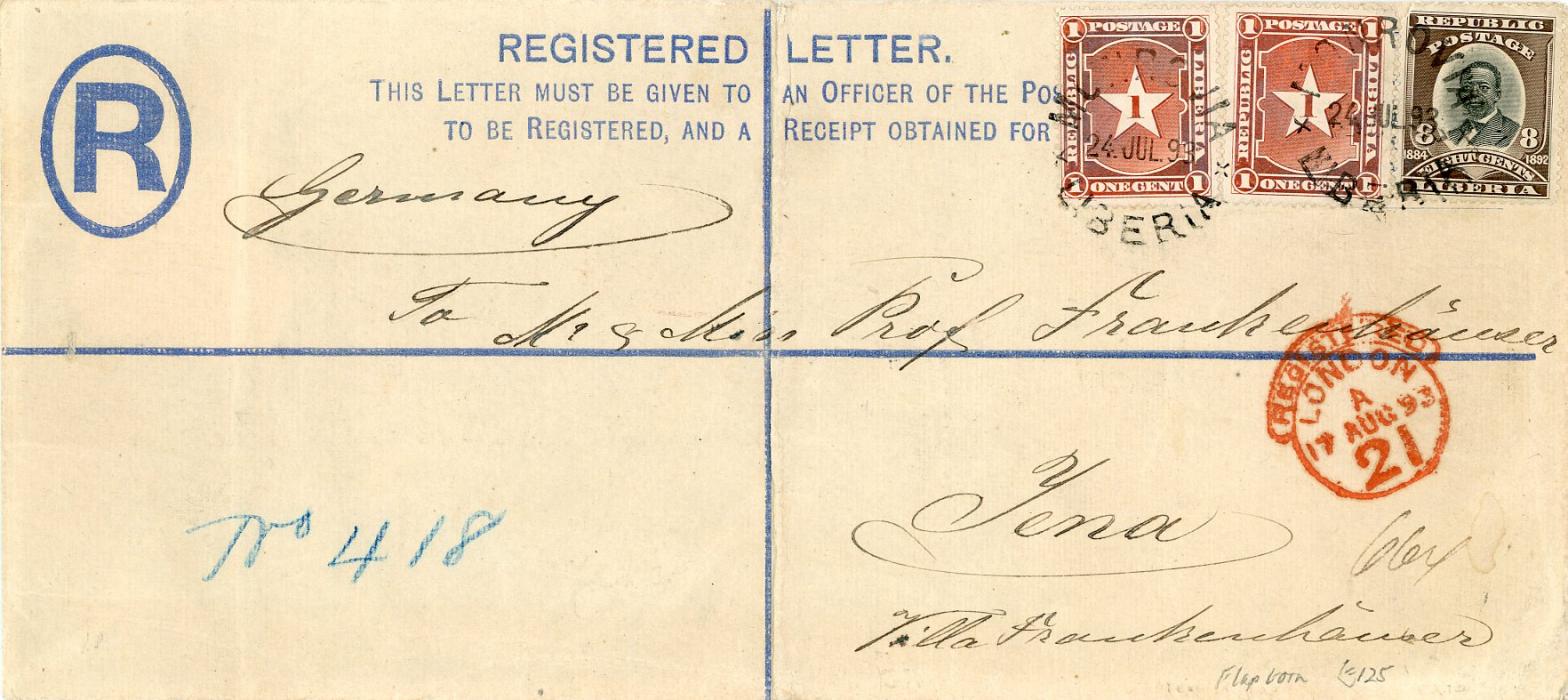 LIBERIA LIBERIA: 1893 (24 Jul) 10c long registration stationery envelope to Germany uprated 1c (2) + 8c tied by Monrovia cds with red hooded London registered cds (17 Aug) alongside, Jena arrival (18 8), central vertical folds and backflap torn, scarce